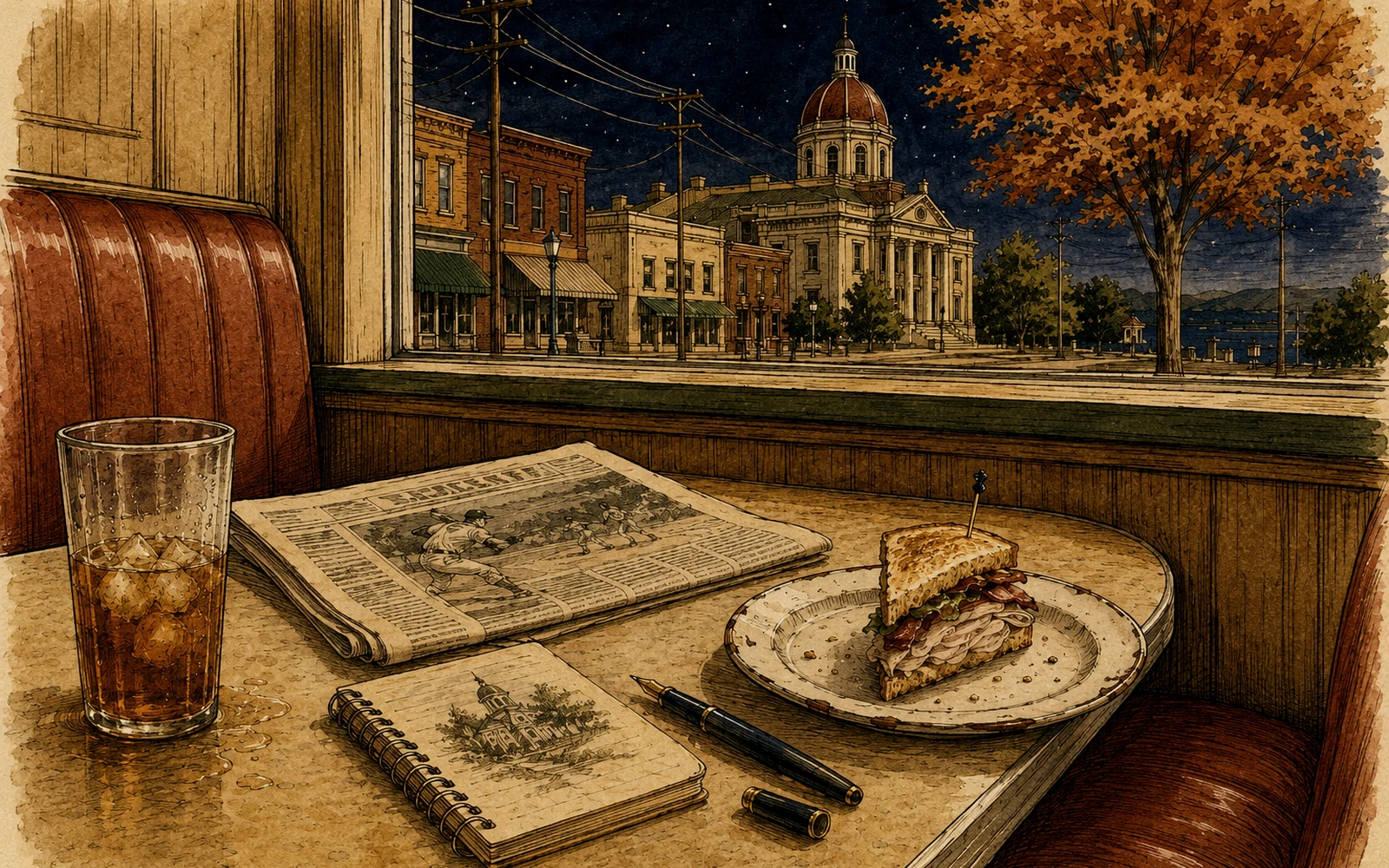 Illustrated Lamplighter diner booth overlooking downtown Harmon